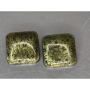 Vintage Cloisonne Style Green Square Floral Pierced Stud Earrings 90s